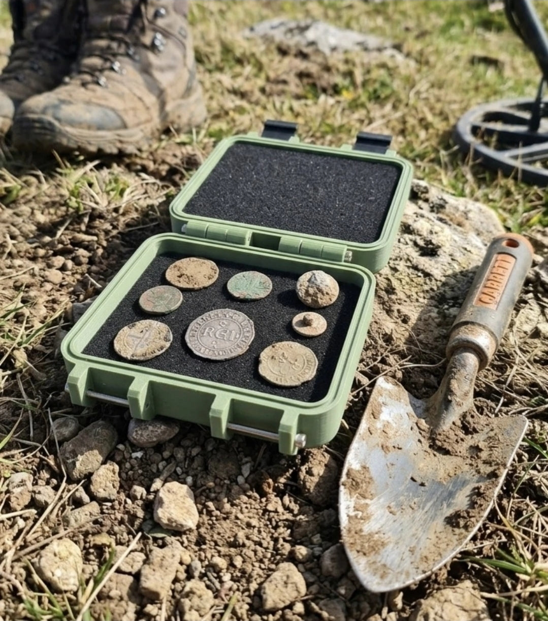 Metal Detecting Finds Box – Carbon Fiber Style with Henry Hammered Coin Design