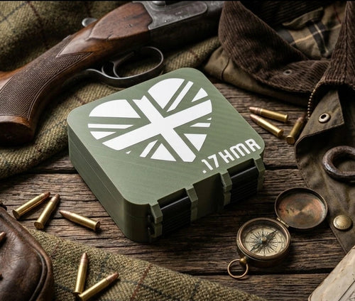 .17 HMR 100-Round Custom Ammo Case - Olive Green - Union Jack Heart
