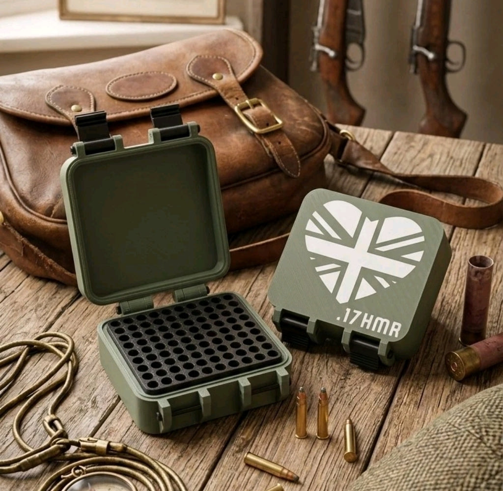 .17 HMR 100-Round Custom Ammo Case - Olive Green - Union Jack Heart