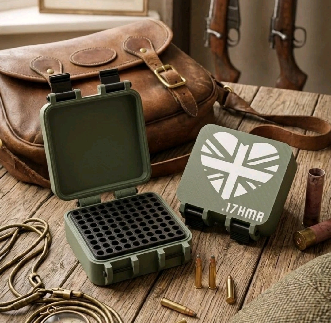 .17 HMR 100-Round Custom Ammo Case - Olive Green - Union Jack Heart