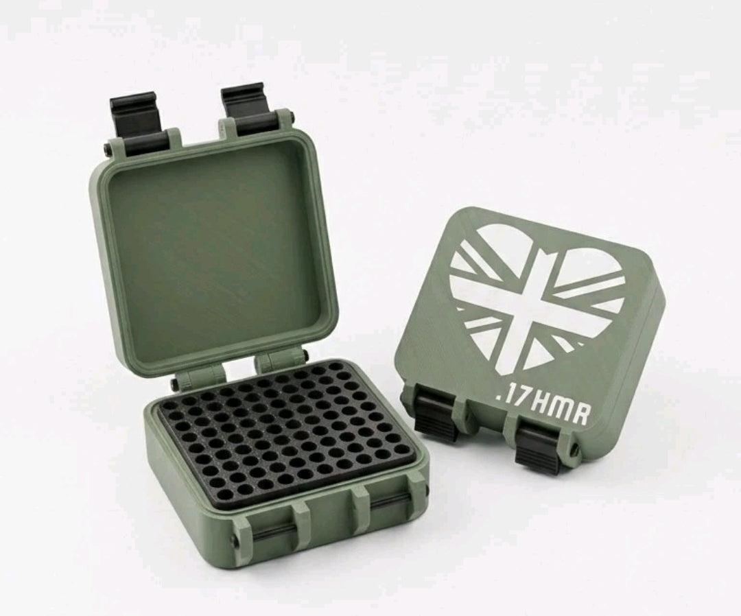 .17 HMR 100-Round Custom Ammo Case - Olive Green - Union Jack Heart