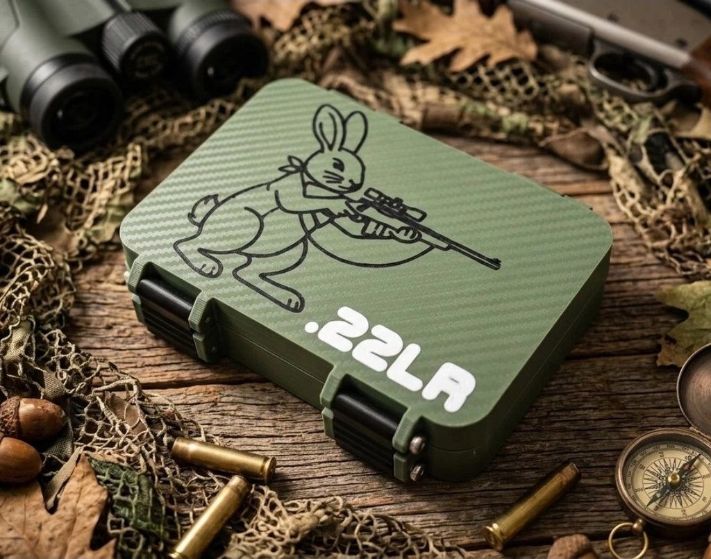 150-Round .22LR Custom Ammo Box – Hunting Rabbit Top Carbon Fiber Finish
