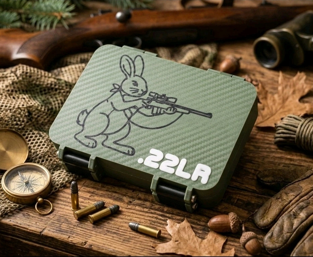 150-Round .22LR Custom Ammo Box – Hunting Rabbit Top Carbon Fiber Finish