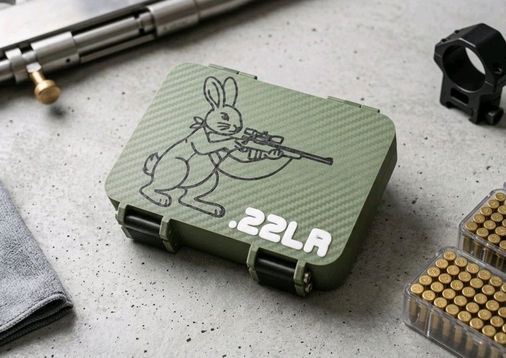 150-Round .22LR Custom Ammo Box – Hunting Rabbit Top Carbon Fiber Finish