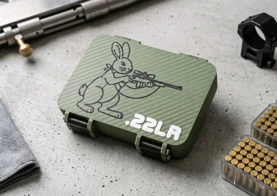 150-Round .22LR Custom Ammo Box – Hunting Rabbit Top Carbon Fiber Finish