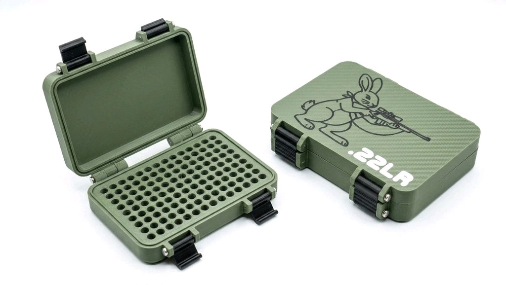 150-Round .22LR Custom Ammo Box – Hunting Rabbit Top Carbon Fiber Finish